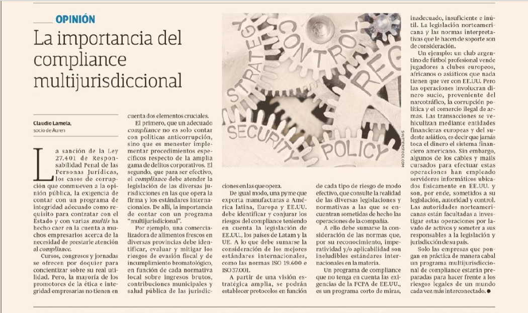 Prensa. La importancia del compliance multijurisdiccional (Diario El Cronista 18/9/2019)