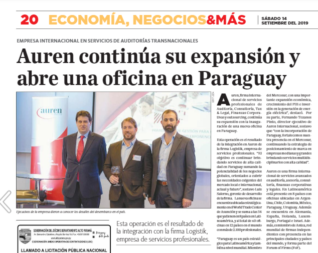 Prensa. Directivos de Auren dieron a conocer los detalles del desembarco en Paraguay (Diario La Nación PY 14/9/2019)