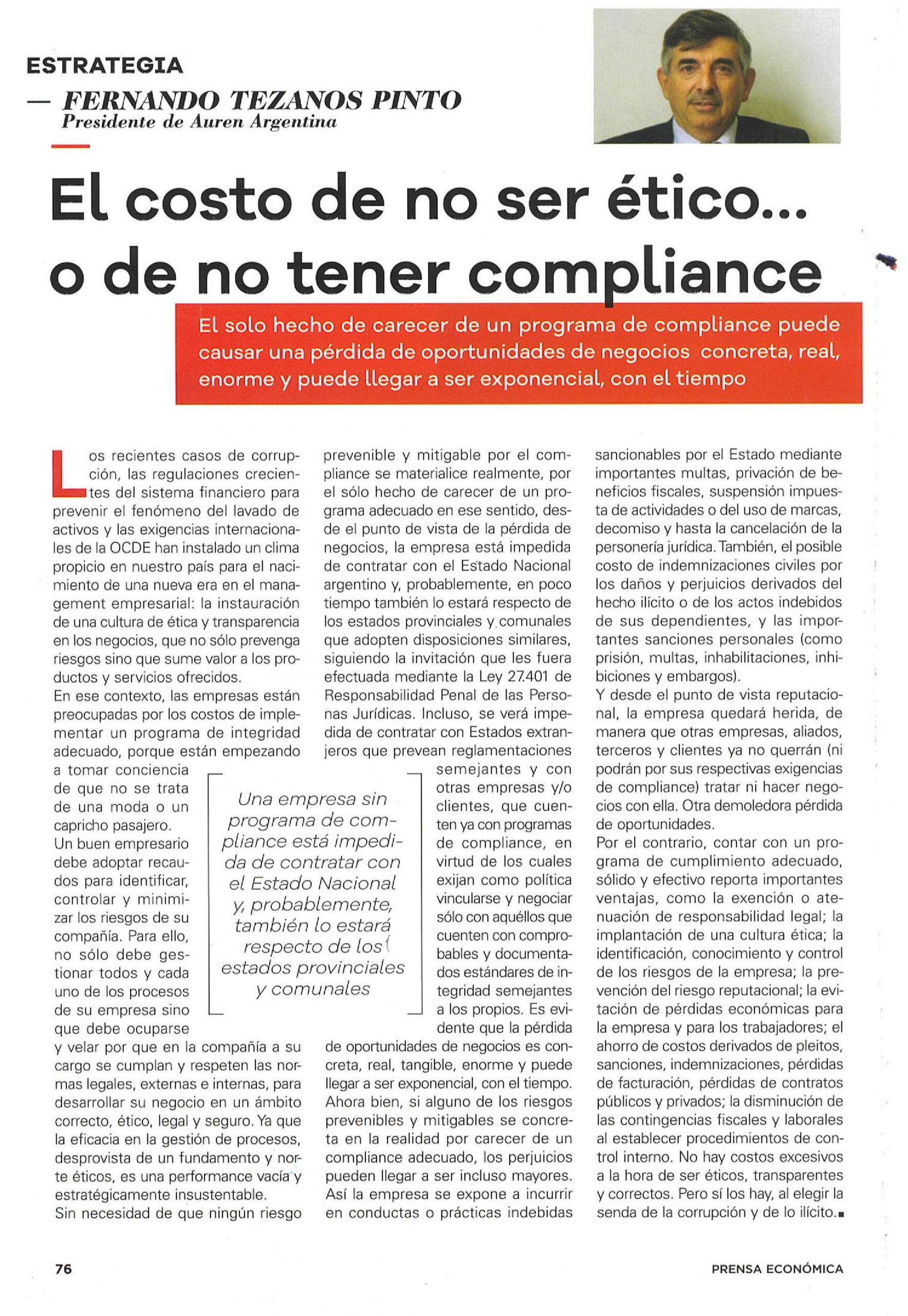 Prensa. El costo de no tener compliance. (Revista Prensa Económica  9/2019)