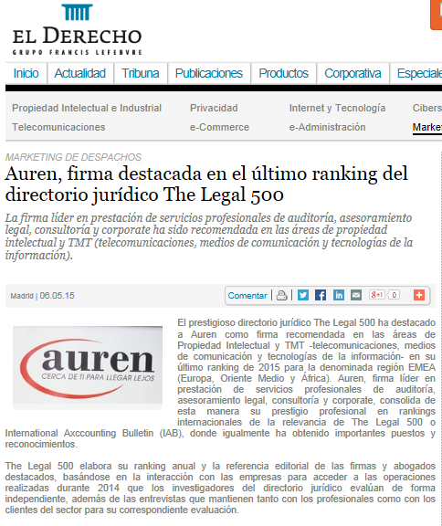 Auren, firma destacada en el último ranking del directorio jurídico The Legal 500